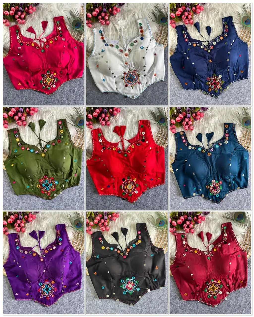 KB38 Multi Thread Mirror Work Blouse – all 10 colors flat lay including olive green, red, maroon, black, purple and more